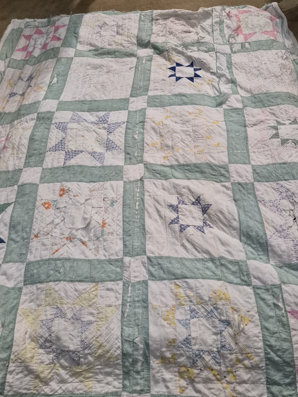 Vintage 1930s-40s Star Cutter Quilt Feed Sack Era Handmade 65x80 Distressed